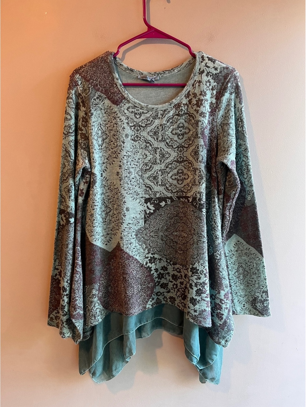 Tempo Paris Patchwork Asymmetrical Tunic Top | Sage Green Floral Layered Boho